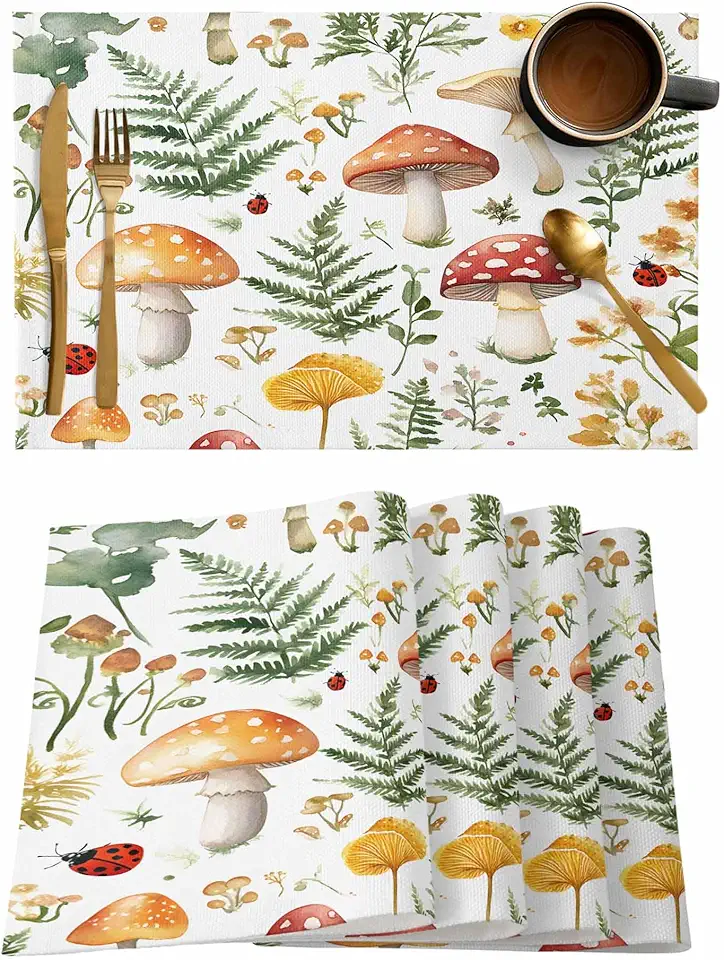 Jogo americano conjunto de 4, tapetes de mesa laváveis, plantas verdes em branco, para mesas de jantar, cozinha, férias, festas