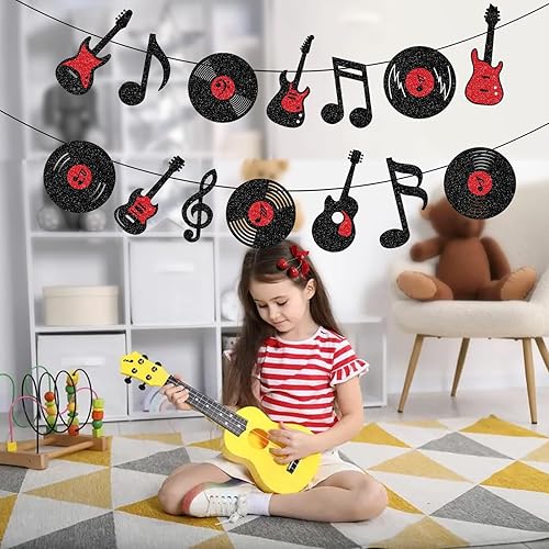 Miniatura 3 de Decoraciones de fiesta temática musical, banderines de guitarra, decoraciones de cumpleaños, notas musicales, guirnalda colgante para decoración de
