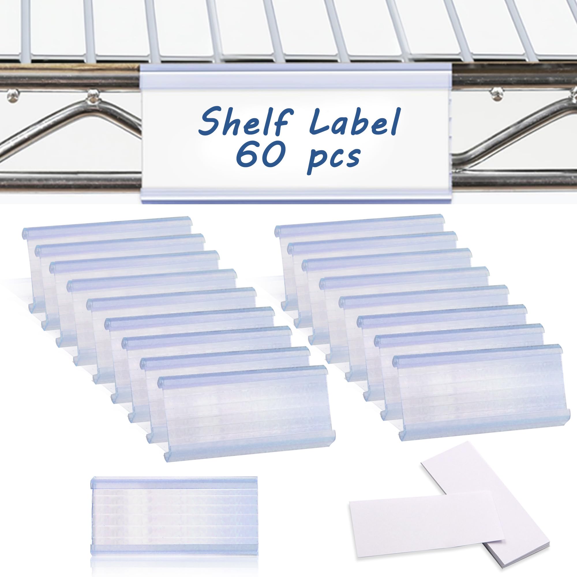 60 Pack Wire Shelf Label Holder with Paper Inserts, Metro Shelf Clips Compatible with 1-1/4 in Shelving, Removable Clear Plastic Label Holder for Retail, Storage Bins, 3 x 1.3in (Small)