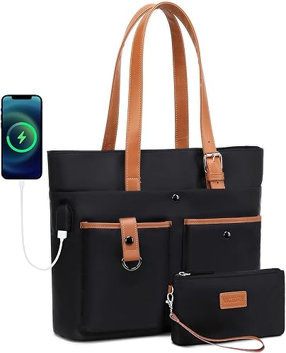 Bolsa para laptop para mujer, 15.6 pulgadas, maletín de mano de trabajo con USB de nailon para oficina, viajes, negocios