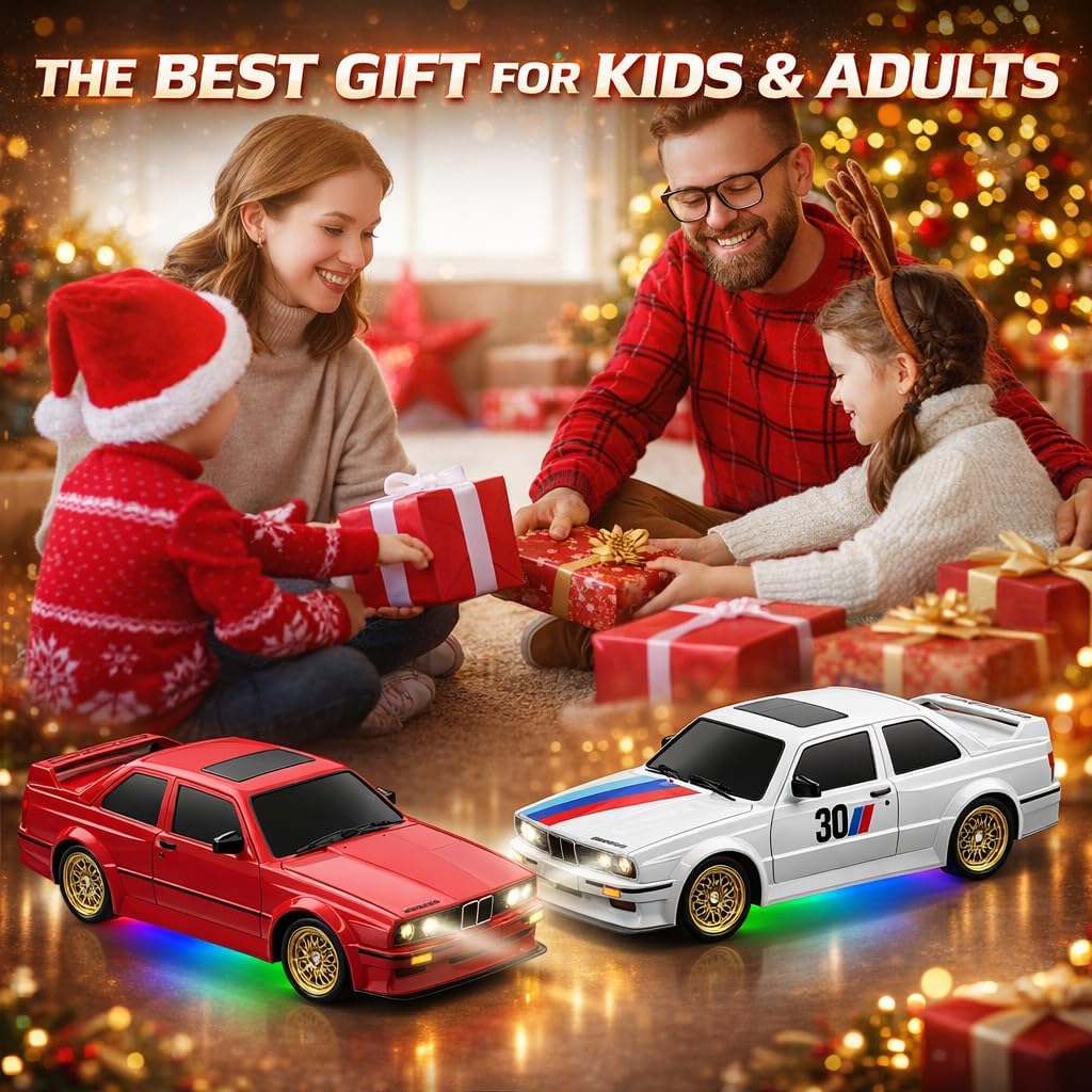 RC Drift Car 2.4GHz 1:16 Scale 4WD 30KM/H High Speed Remote Control Cars Vehicle with LED Lights 2Pcs Rechargeable Batteries Drifting Tires Racing Sport Toy Cars for Adults Boys Girls Kids Gift