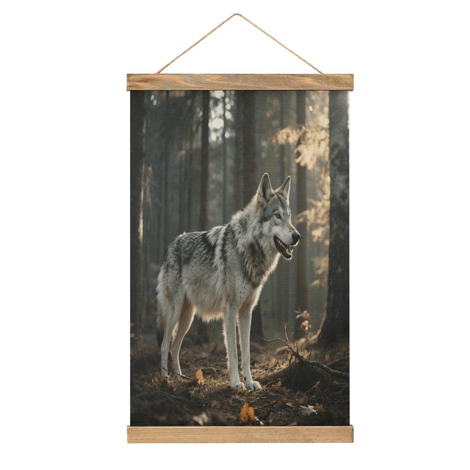 VstaDank Wolf Hanging Poster with Wooden Frame Modern Linen Hanging Painting Retro Style Wall Decor Art Painting for Living Room,Bedroom Decor Poster Frame 20.4x13.1inch