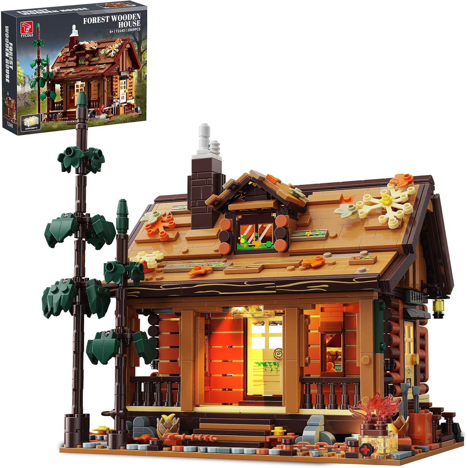 TYCOLE Herbst Cabin Holzhaus Klemmbausteine Bauset 1969 Stück Modellhaus mit LED-Licht Heimdekoration Weihnachten Geburtstag Geschenk für 8+ Jungen Mädchen Jugendliche Erwachsene