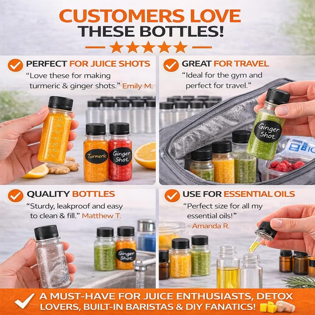 150 Pack 3 oz Plastic Juice Shot Bottles with Caps, Scale, Labels & Funnels, Clear Mini Portion Bottles for Ginger Shots, Sauces, Travel Liquids