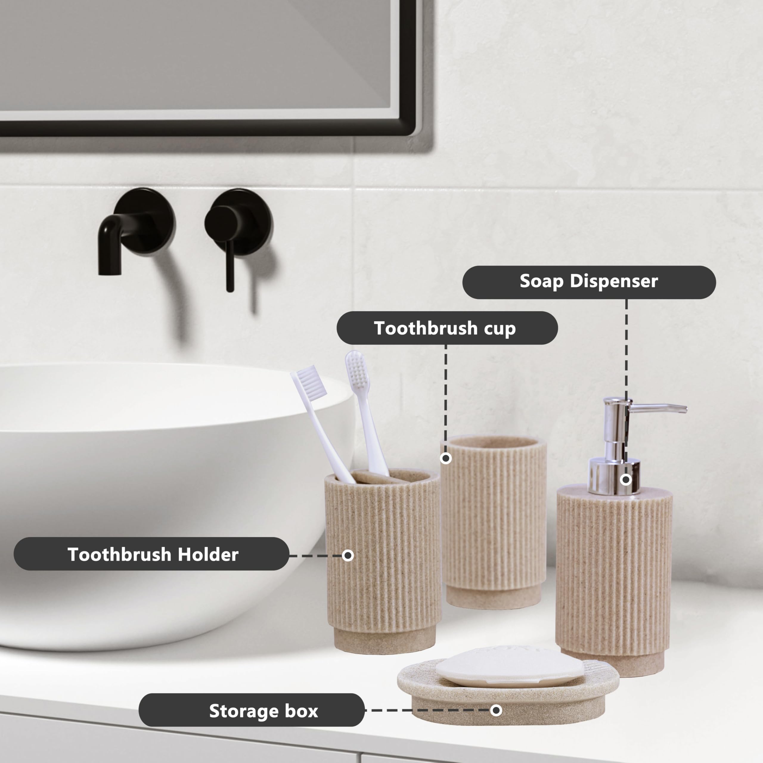 Badezimmer Set 4-TLG Beige | Seifenspender + Zahnputzbecher Set mit Halter & Seifenschale | Streifen-Design aus Polyharz | Bruchsicher, Wasserdicht & Anti-Rutsch