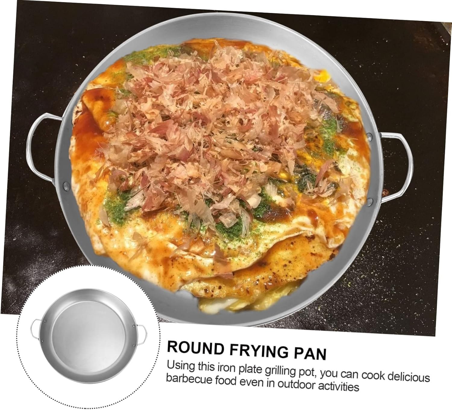 Round Flat Bottom Bbq Pot Iron Grill Pan for Steak Chicken Skewers with Riveted Double Ears Stable Non Slip Design for Household and Outdoor Camping Use