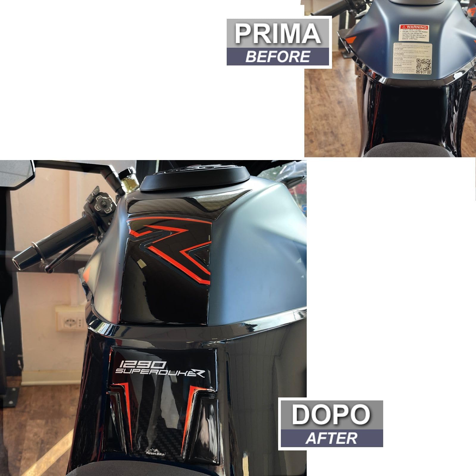 Resin Bike Autocollant Moto Compatibles avec KTM 1290 Super Duke R 2022-2023. Protection de Réservoir Moto Contre Les Chocs et Les Éraflures. Autocollant 3D Résinés Made in Italy