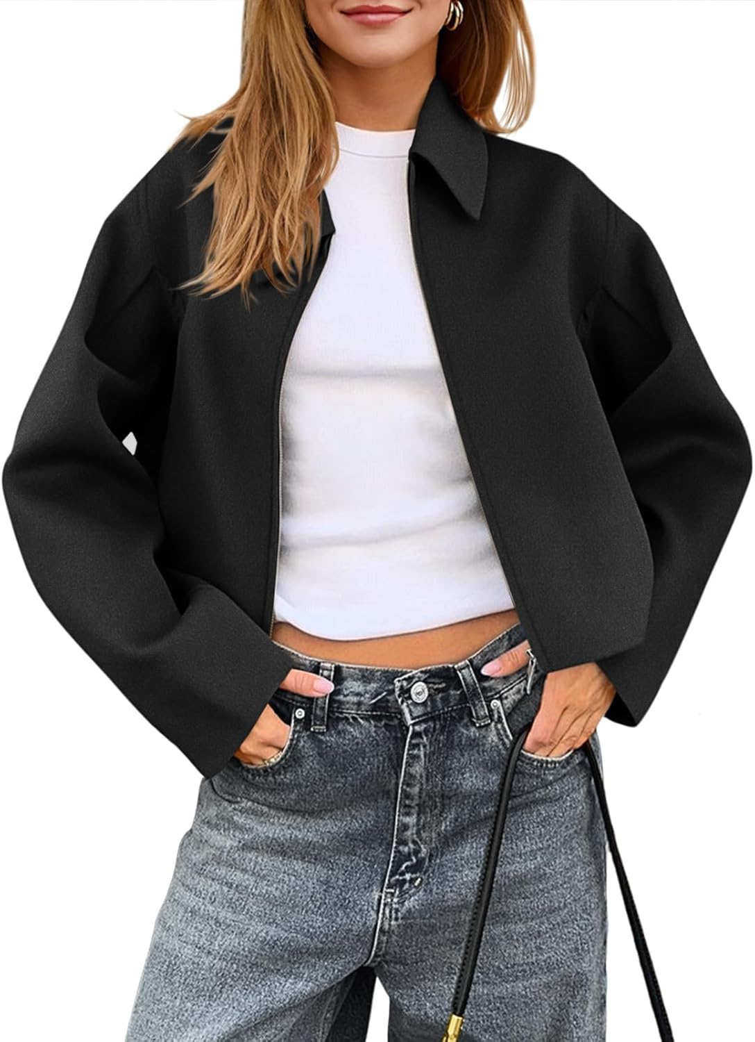 Yousify Womens Cropped Pea Coats Zip Up Short Casual Bomber Wool Blend Jackets Barn Fall Outerwear with Pockets