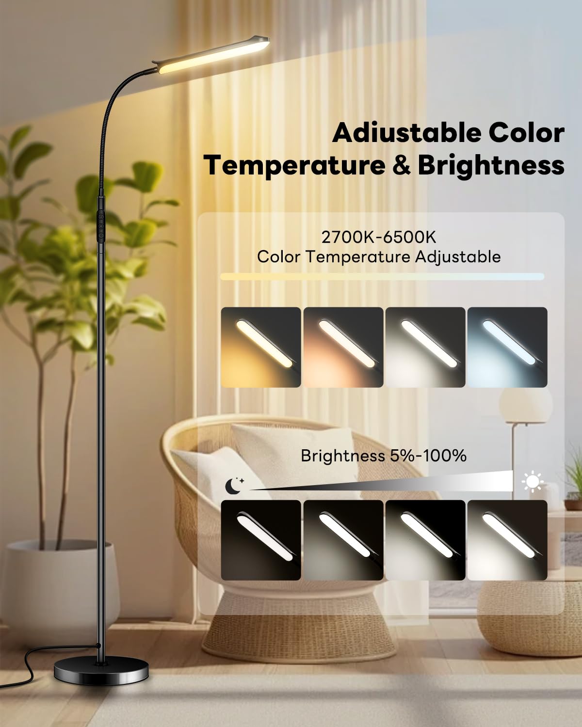 Lampa podłogowa LED 18 W, 1800LM ściemniana (2700K-6500K) Elastyczna łabędzia szyja, wysokość 175 cm, magnetyczne sterowanie i sterowanie dotykowe, lampa do czytania do salonu, czarna