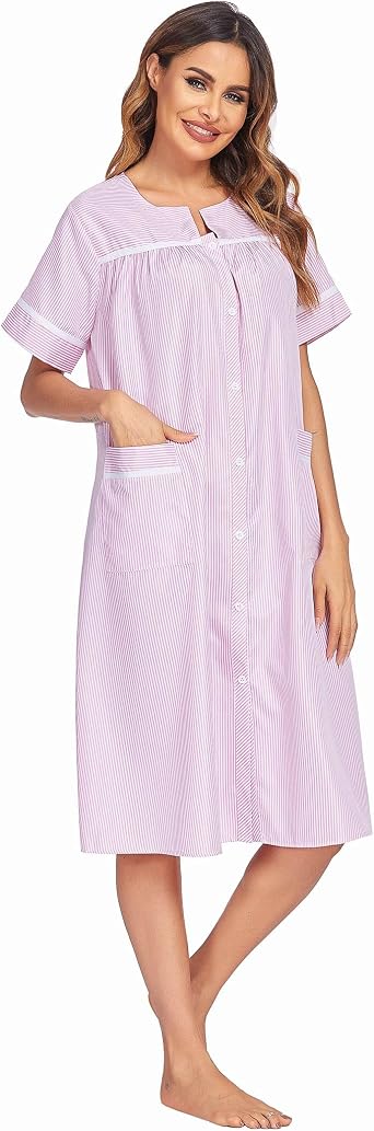 Amazon.com: Ekouaer - Camisón largo de manga corta para mujer, con botones,  diseño de rayas, talla S-XXL : Ropa, Zapatos y Joyería