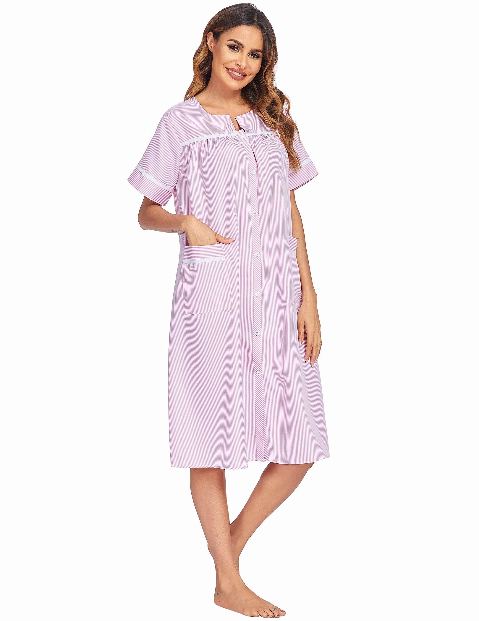 EkouaerHouse Dress for Women with Pockets Button Down Duster Housecoat Short Sleeve Mumu Nightgown S-XXXL