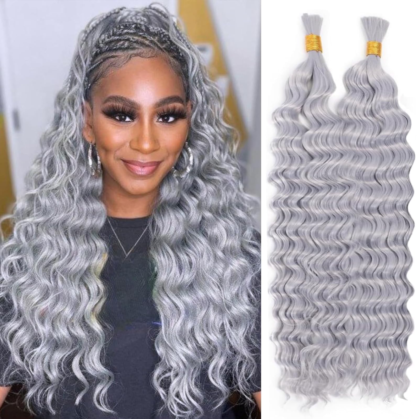 Human Hair Bulk 22Inch Deep Wave bulk human braiding hair for boho braids 100% Unprocessed Virgin Human Hair Extensions Quick Weave Human Hair Grey Color
