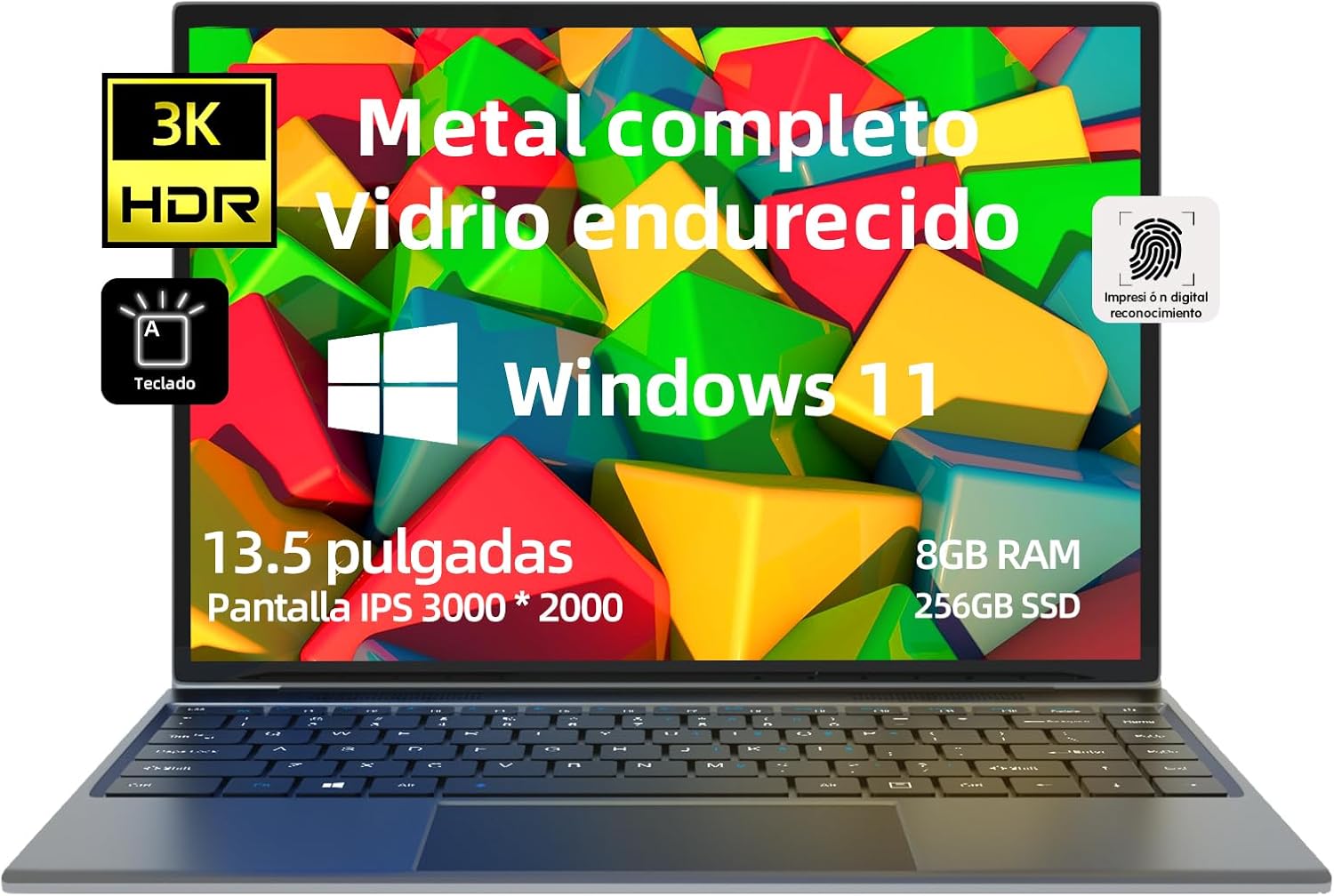 Morostron Computer Portatile 13,5 PC Portatile Windows 11, 8GB RAM 256GB SSD, Celeron N4120 Quad Core, pannello 3000x2000 IPS, tastiera retroilluminata, impronte digitali