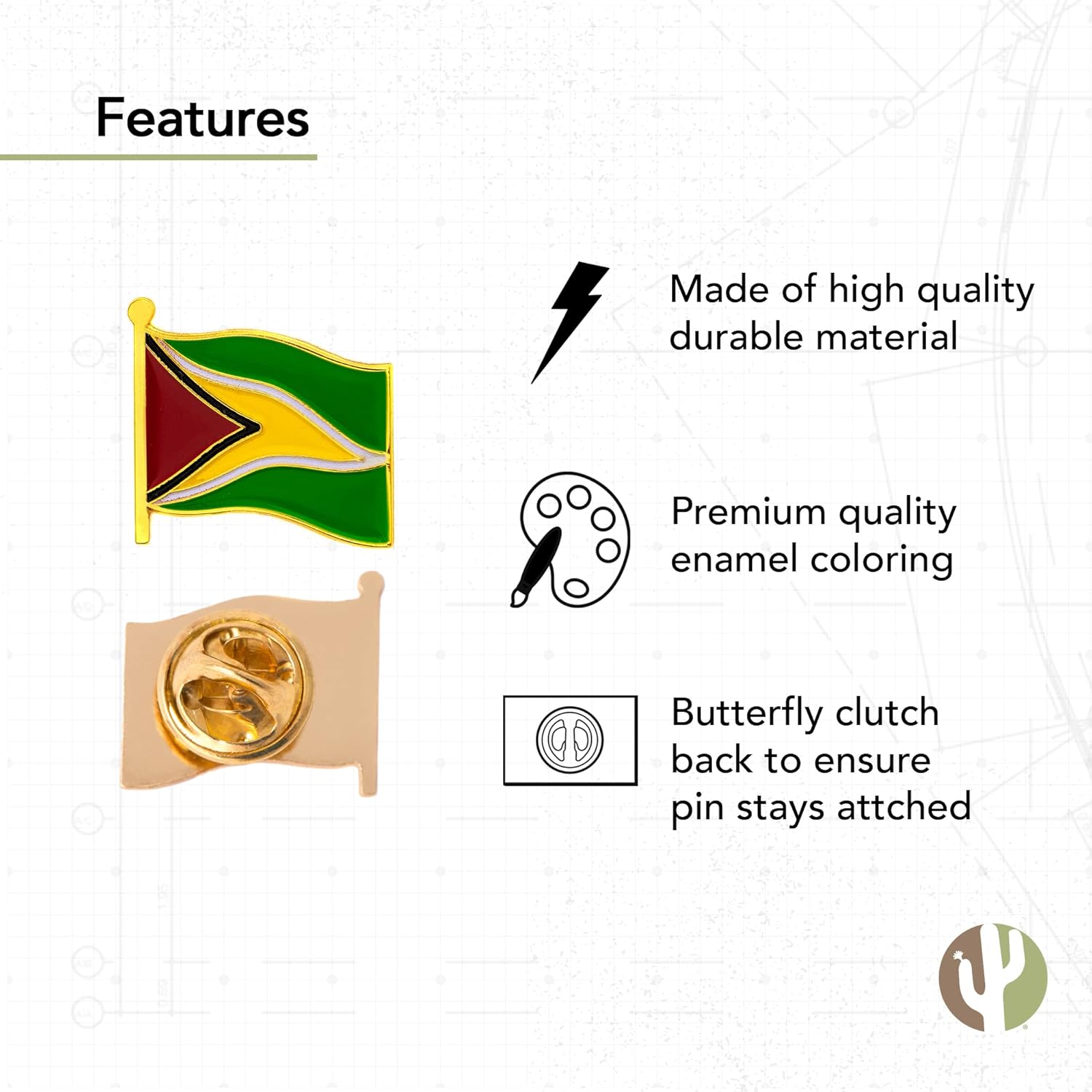 Desert Cactus Guyana Lapel Pin Country Enamel Made of Metal Souvenir Hat Men Women Patriotic (Waving Flag Pin) - Image 3