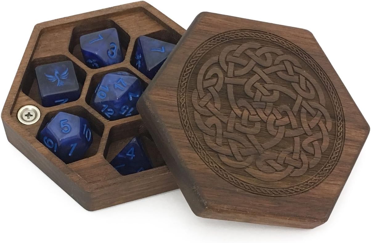 Elderwood Academy Pocket Sized Hex Dice Wood Chest with Magnetic Lid - Perfect for DnD, Magic the Gathering Dice Counters and Any Other Tabletop Games (Walnut/Celtic)