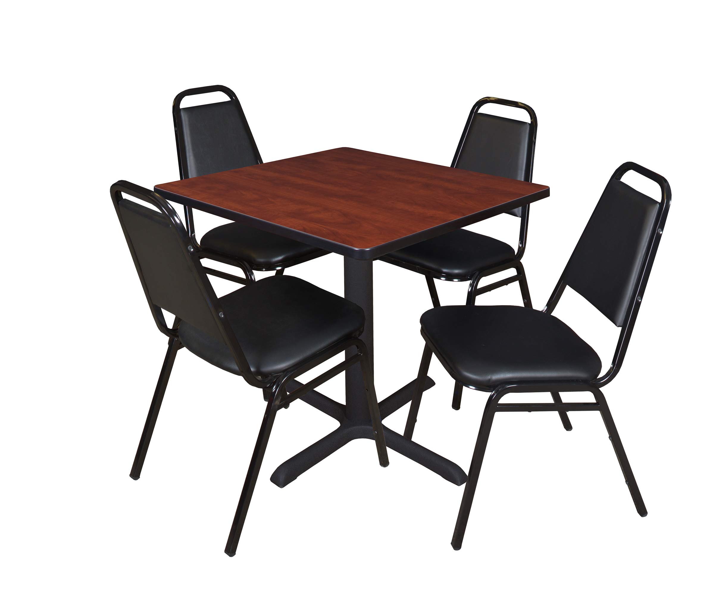 Romig Pillar Small 30 in. Square X-Base Breakroom Table- Cherry &amp; 4 Restaurant Stack Chairs- Black