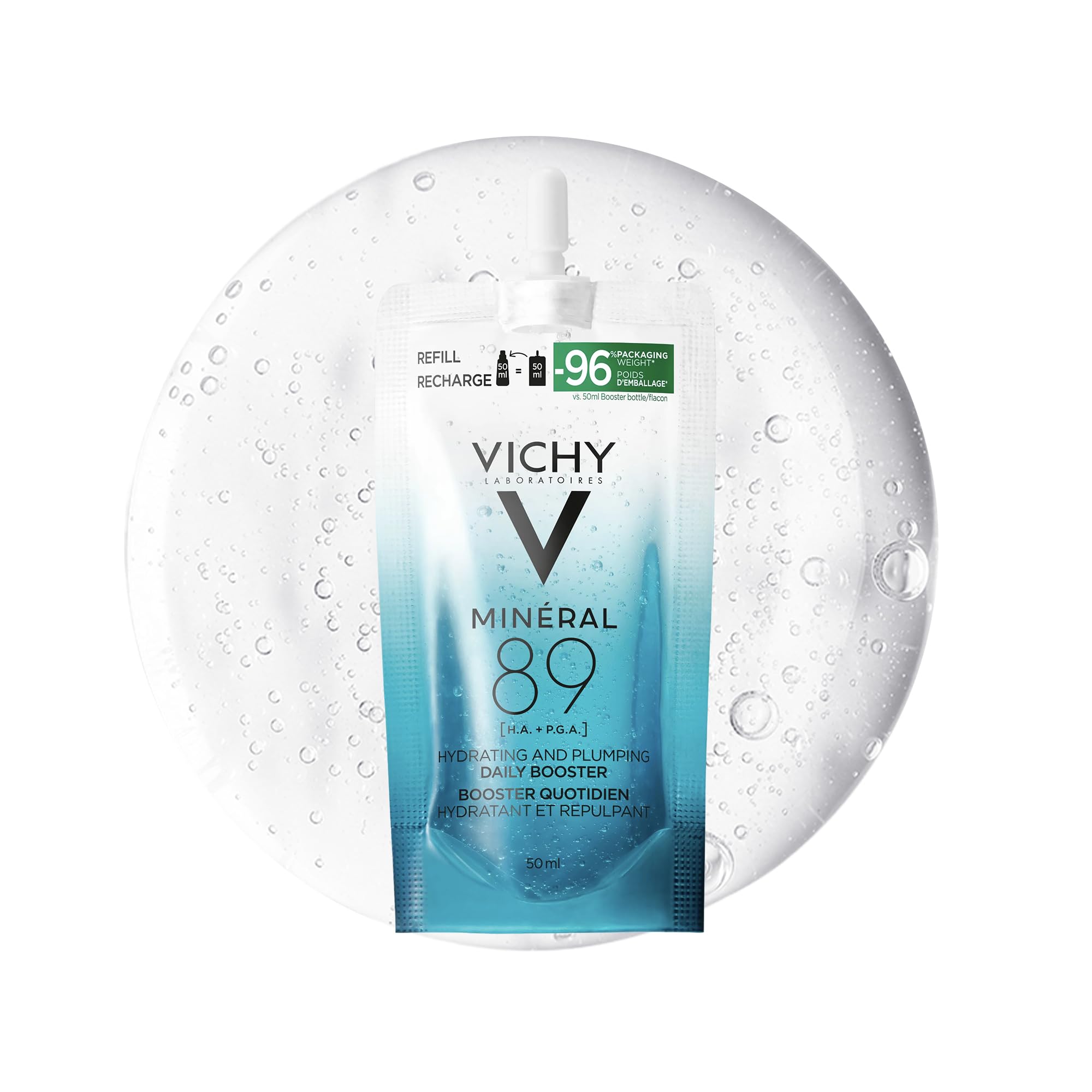 Vichy Minéral 89 Hyaluronic Acid Daily Hydrating Booster Face Serum Refill With Polyglutamic Acid, 89% Vichy Volcanic Mineral Water, Lightweight Gel Texture, All Skin Types, Hypoallergenic, 50ml