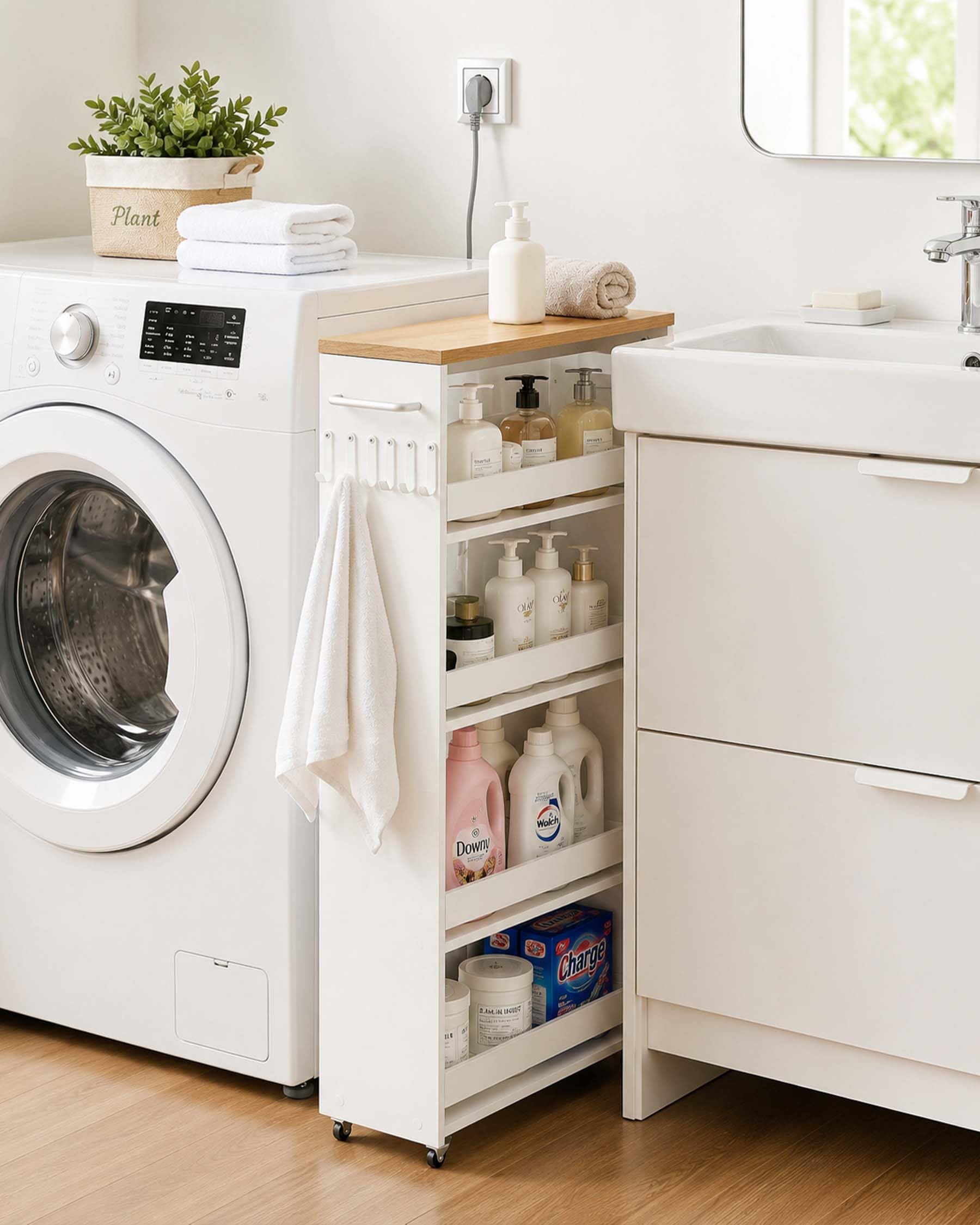 Carrito Organizador Estrecho Blanco 5 Niveles 40×22×108cm Pack de 2 | Cuatro ruedas, dos con freno, facilitan el desplazamiento; el asa lateral y los ganchos añaden espacio de almacenaje