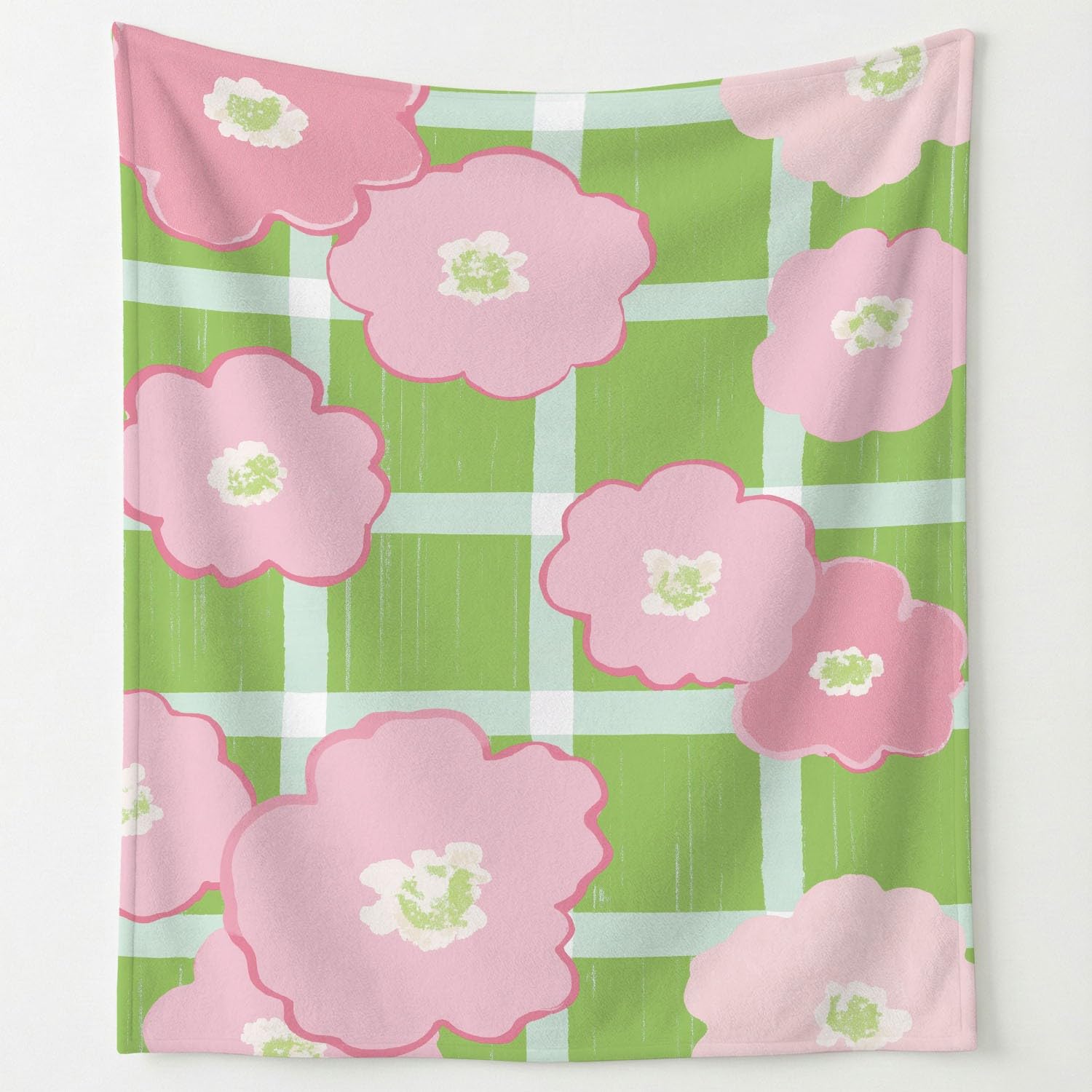 Koc flanelowy 180 cm x 200 cm miękki i lekki minimalistyczny wzór kreskówkowy kwiaty w kratkę dla dorosłych, zielony i różowy, idealny do dekoracji sofy