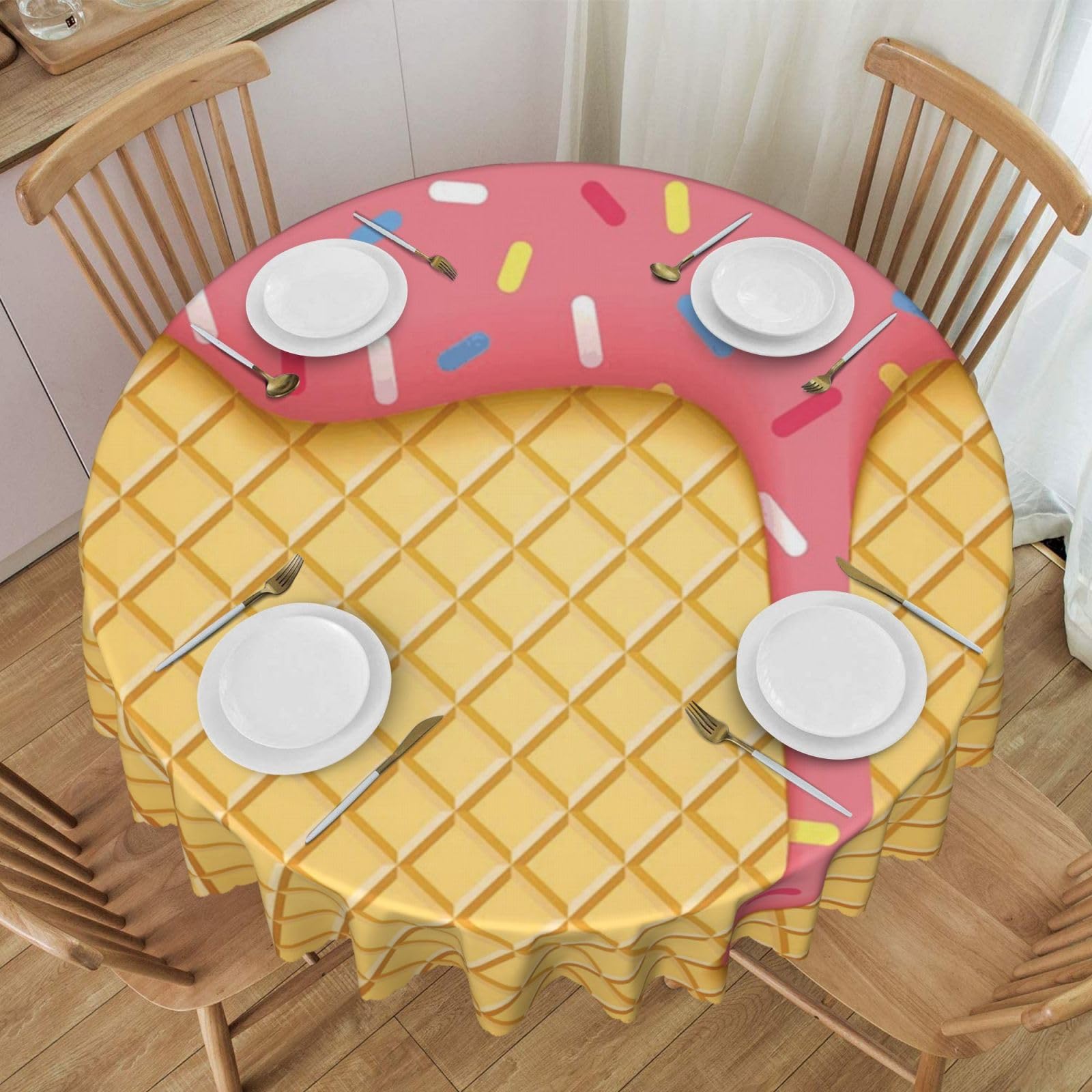 DCEHGEW 60 In Round Tablecloth with Lace, ice cream and Waffle Pattern Printed Oilproof & Washable Fabric Picnic Table Cloth Table Covers