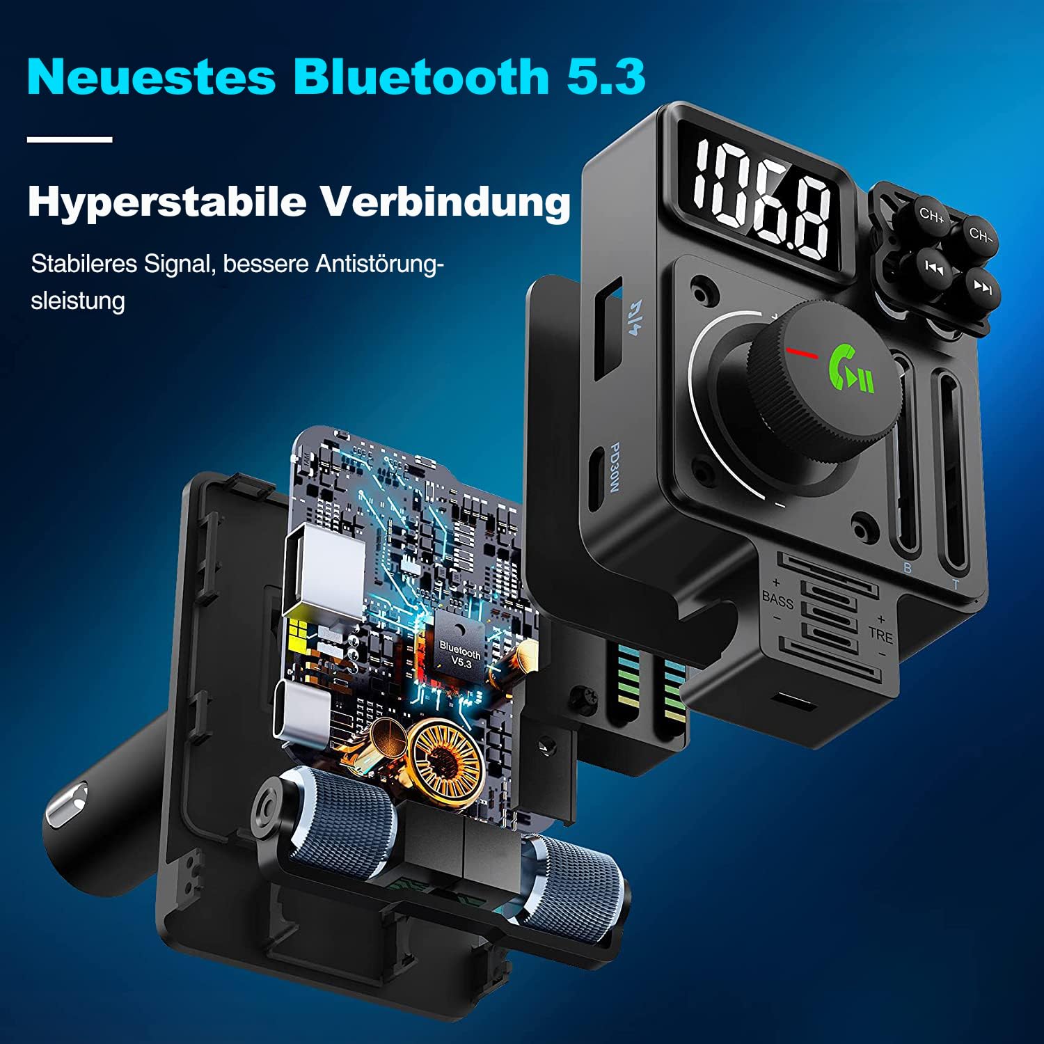 GizmoVine Nadajnik samochodowy Bluetooth 5.3 FM, adapter radia z PD 30 W i USB 12 W, telefon do Mani Libere, odtwarzacz MP3 zapalniczka, uchwyt USB, 64 GB, Accenti i Bassi