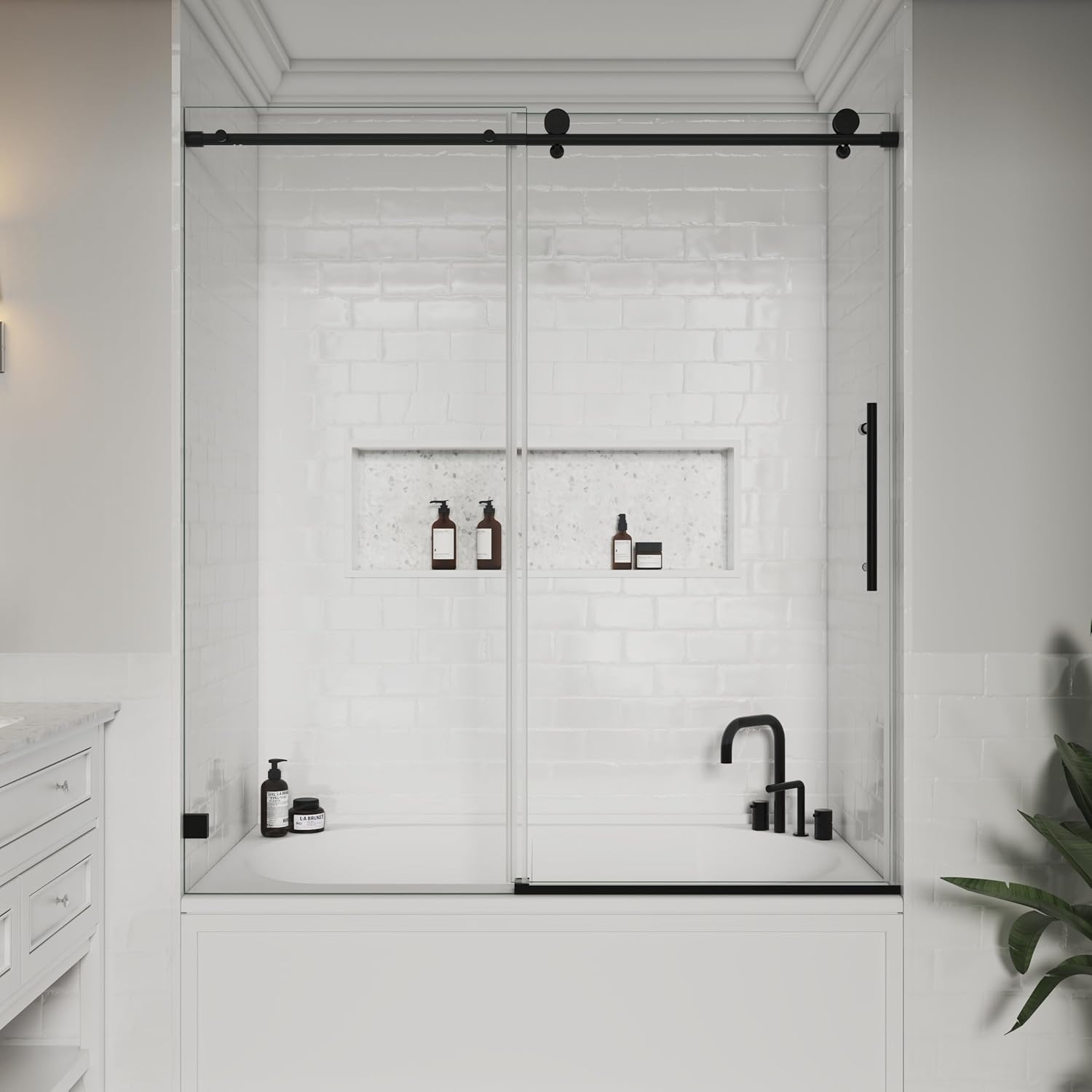 Bathtub Sliding Shower Doors 56-60 W x 66" H Soft Closing System Width Adjustable 5/16"(8mm) Easy Clean Tempered Glass Door Frameless (Matte Black)