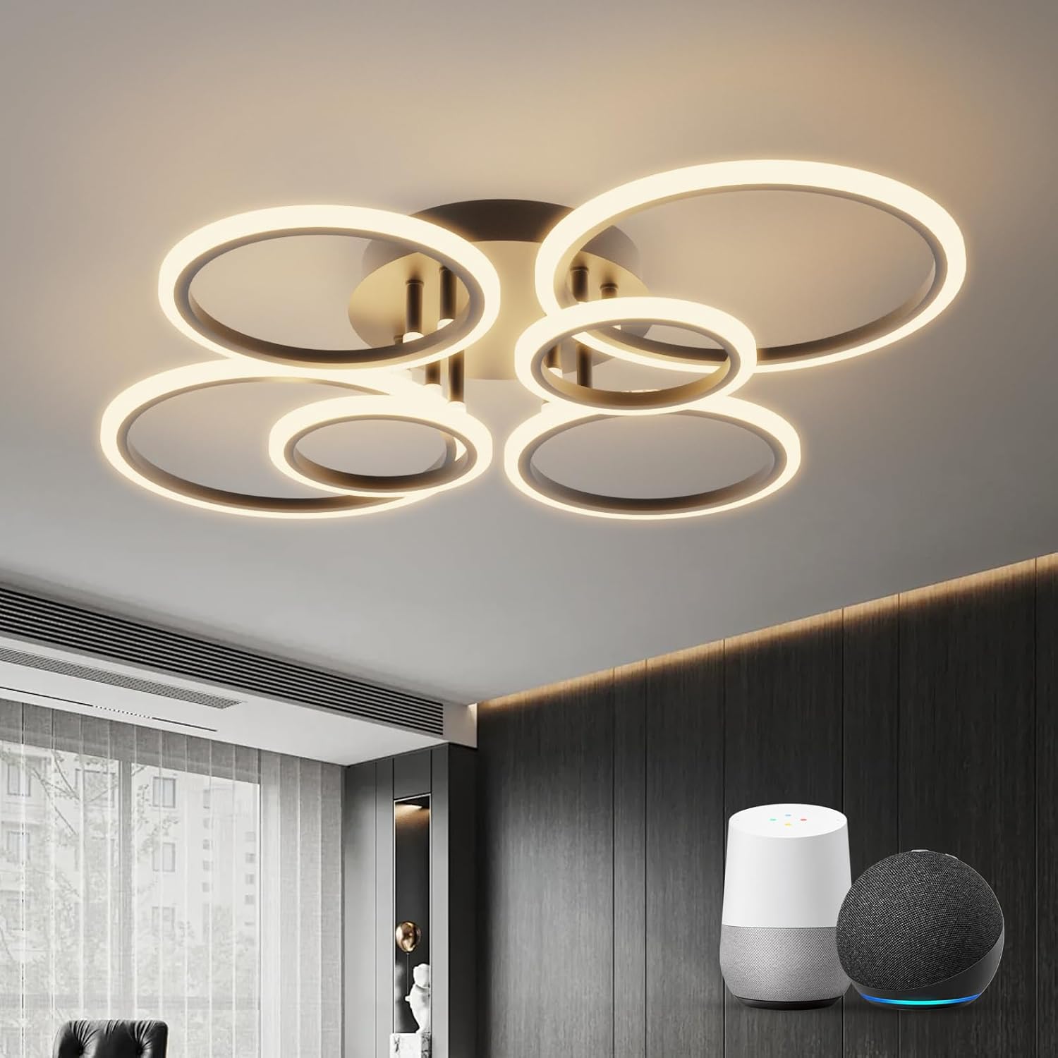 Smart LED Ceiling Lights for Living Room, Alexa & Google Home Compatible, Dimmable 6-Ring Modern Lighting Fixture with Remote Control for Bedroom, Lounge, Sitting Room – Black