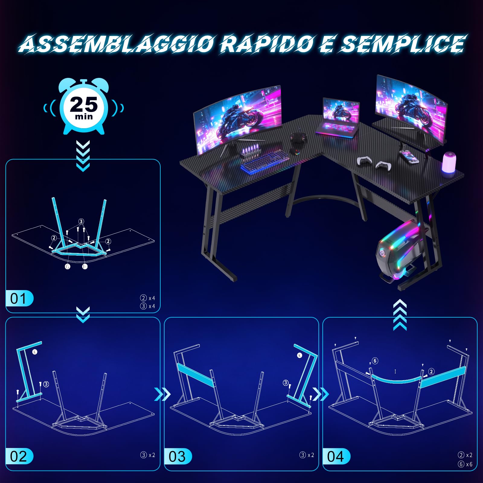 JUMMICO Scrivania Angolare, Scrivania Gaming 120x120cm - Tavolo da gioco a L con Supporto Reversibile per lo Schermo - Versatile (gioco/lavoro/studio) - Rivestita in Carbonio - Nero