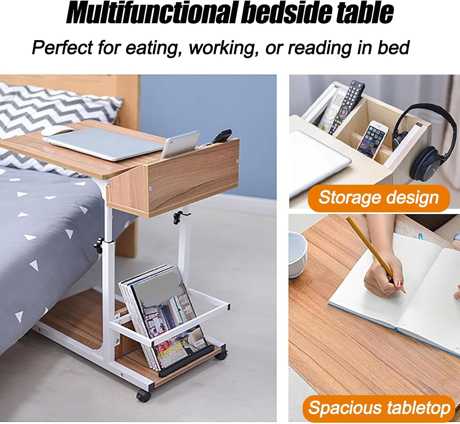 Height Adjustable Overbed Table, Overbed Bedside Tables with Wheels, Mobile Computer Desk Makeup Vanity Desk with Storage, Mobile Laptop Standing Desks Cart(Brown)