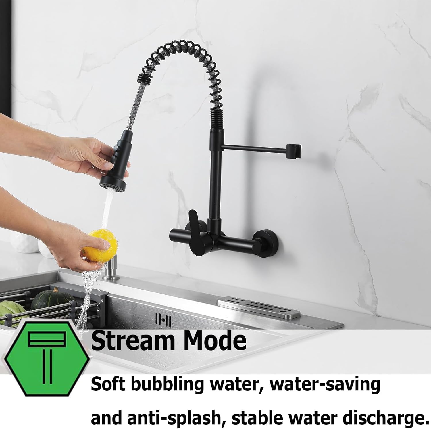 LIWEIKE Wall Mount Kitchen Faucets, Wall Mounted Faucet 8 Inch Center Wall Mount Kitchen Faucet with Sprayer, Matte Black