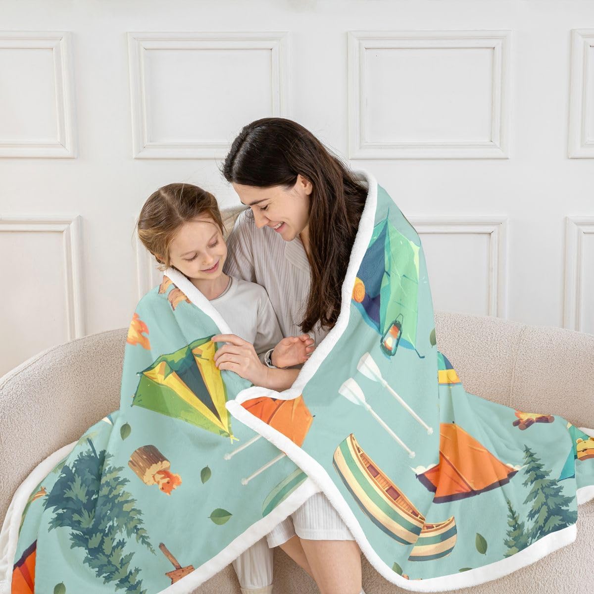 Erosebridal Happy Camping Sherpa Blanket Camper Adventure Rv Accessories Fuzzy Plush Throw Outdoor Travel Car Fleece Blanket for Kids Boys Girls,Cartoon Tent Pine Tree Decor for Bed Throw 50"x60" image 4