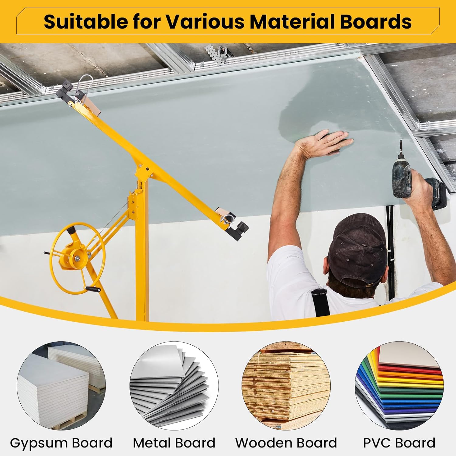 Rovibek Drywall Lift 11FT, Drywall Jack Lift Sheetrock Lift for Ceiling 360° Adjustable, Drywall Panel Hoist 150 lbs Heavy Duty Drywall Lifter, Foldable Sheetrock Lift for Home Improvement (Yellow)