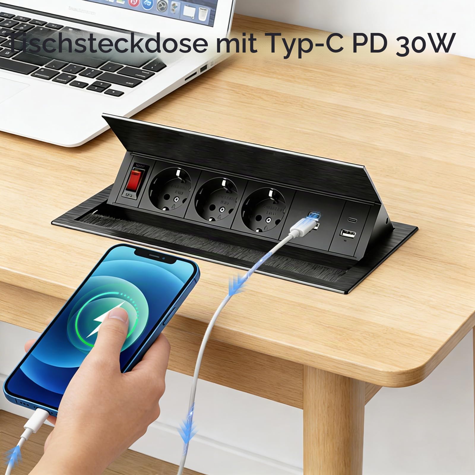 3 Fach Versenkbare Steckdosenleiste mit 2 Type-C PD 30W und 2 USB, Aluminium Einbausteckdose Versenkbar mit Schalter,Tischsteckdose Winkel Verstellbar für Küche, Arbeitsplatte,1,8M Kable