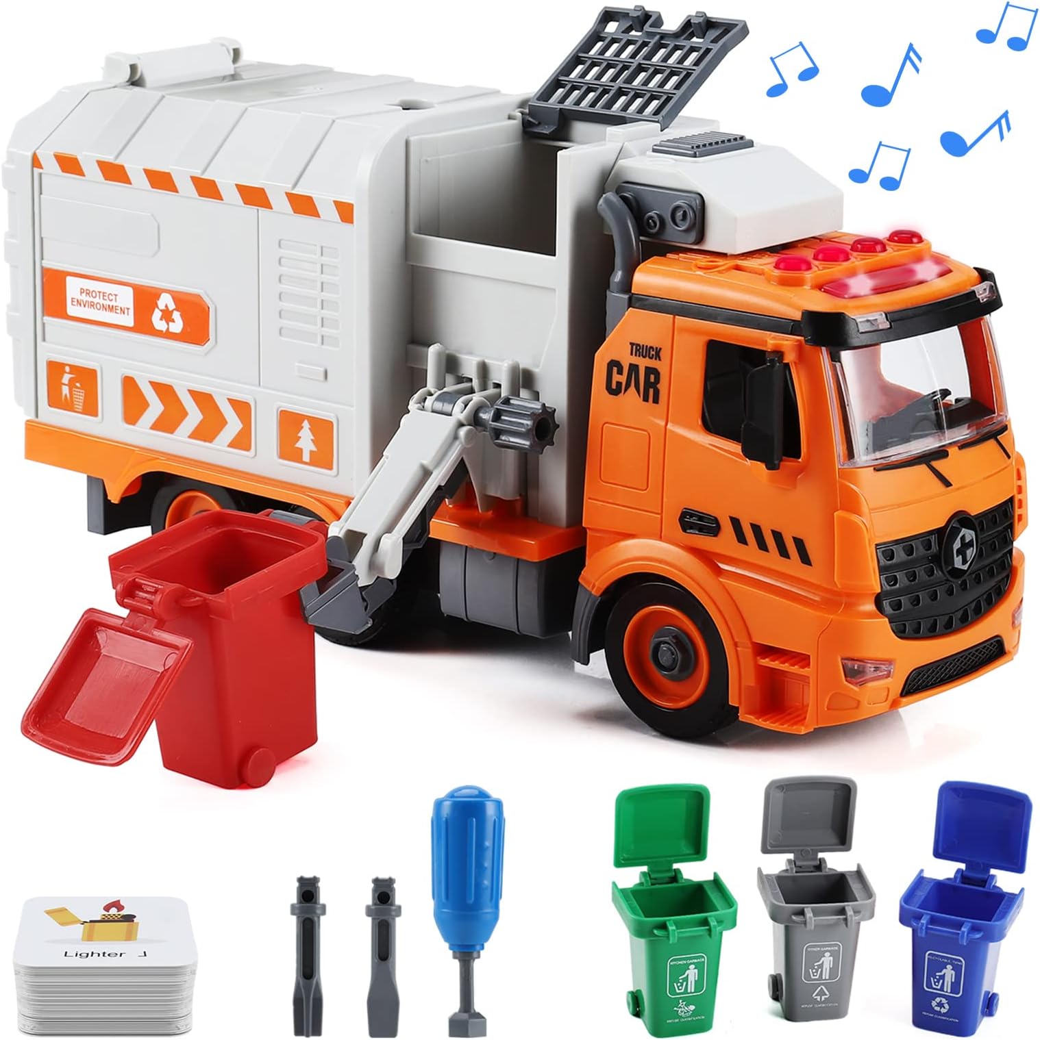 Garbage Truck Toys for Boys, Friction Powered Waste Management Recycling Truck Toy Set with 4 Trash Cans, Toy Vehicles with Light and Sound, Gifts for 3-12 Years Old Toddlers