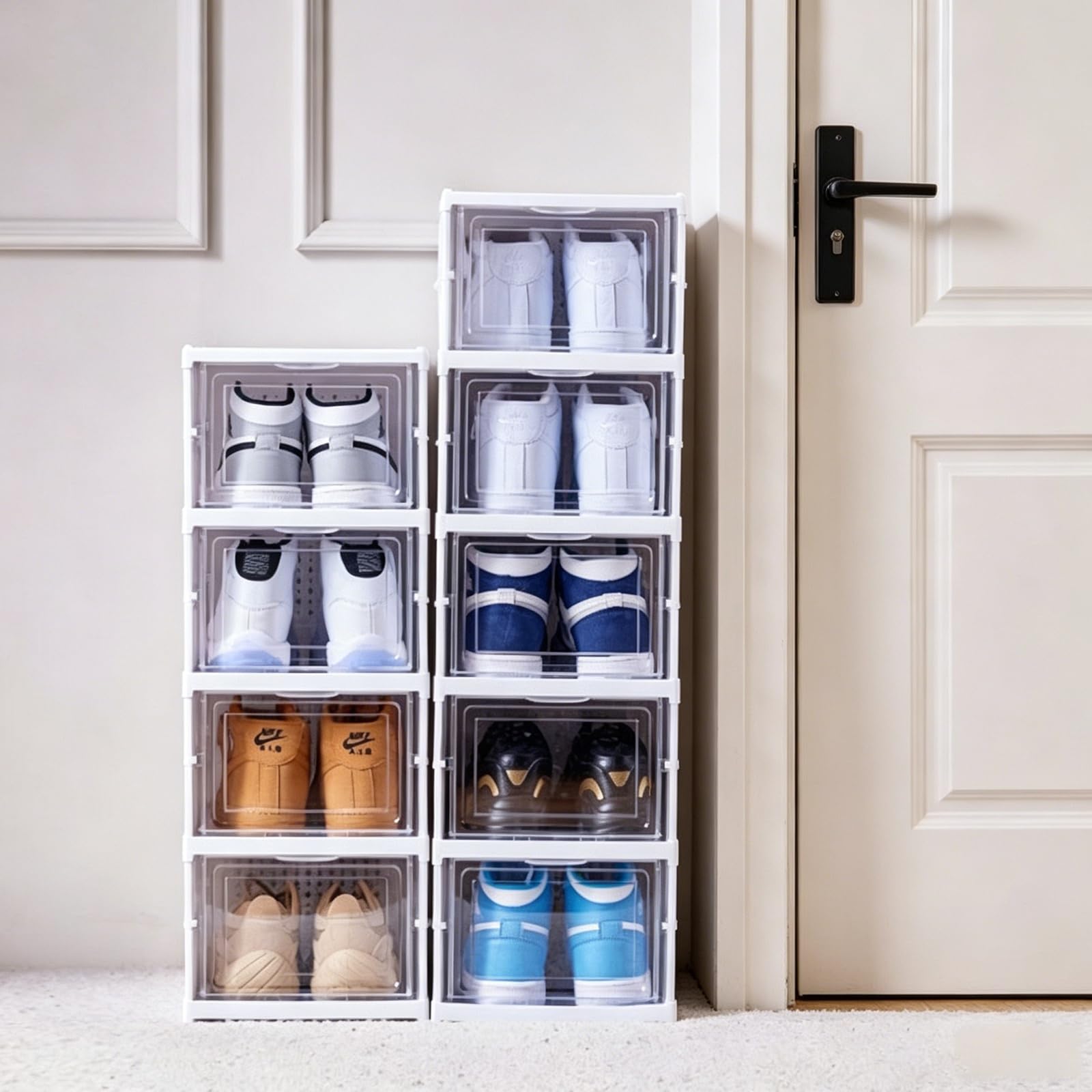TYNGBT Plastic Foldable Shoe Storage Box, Dustproof Stackable Shoe Organizer for Sneakers and Footwear