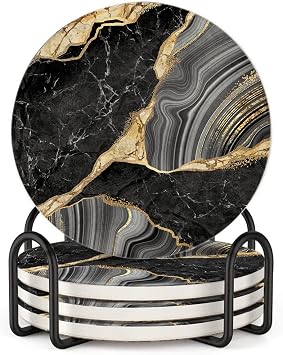 Black Marble 4in Coasters for Drinks Absorbent with Holder Drink Coasters with Cork Base Absorbent Coaster Set Housewarming Gift - Set of 4 Coasters...