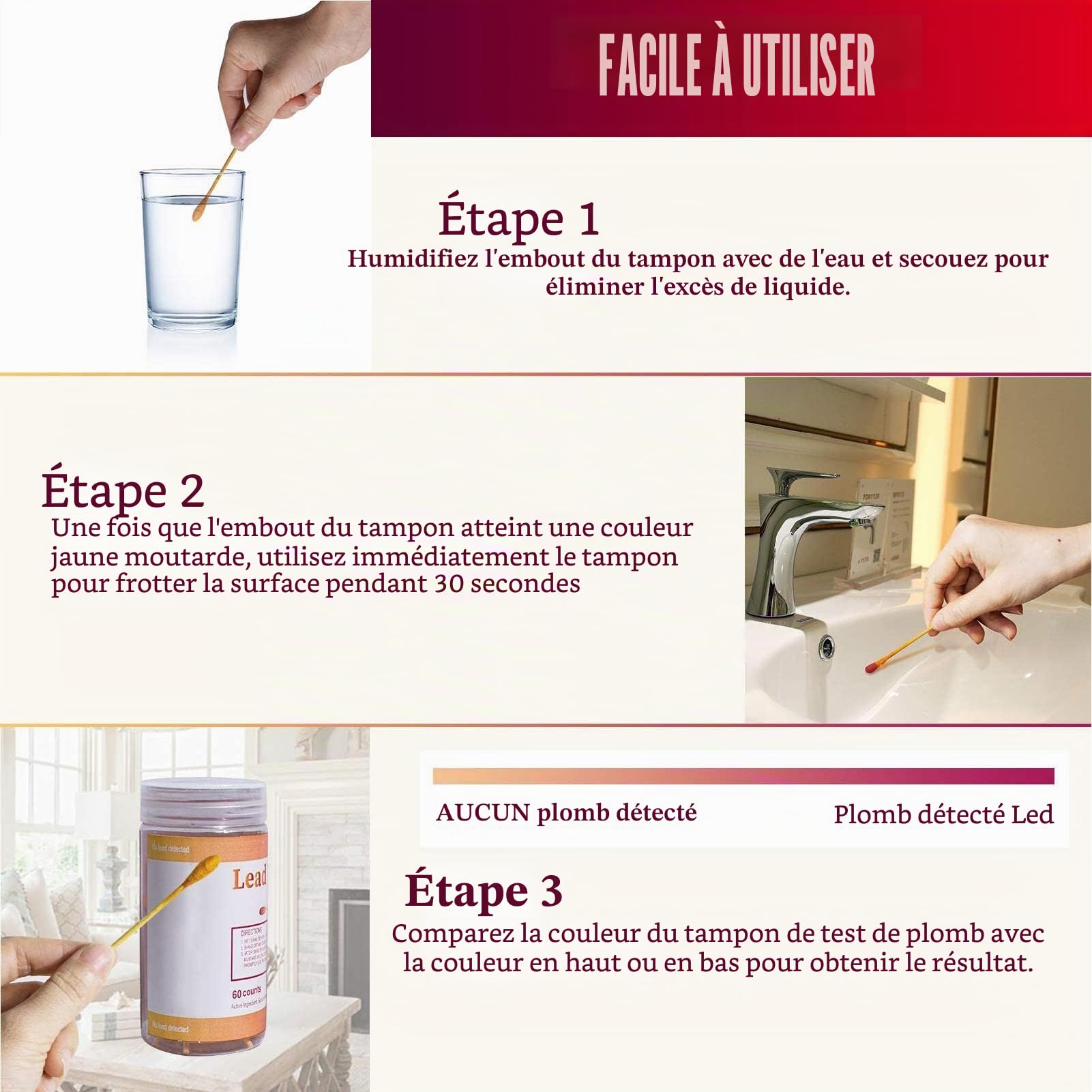 Test Plomb | Kit Test Plomb 30 pièces avec écouvillons Test,Résultats Test Rapides en 30 Secondes, bandelettes Test Plomb pour Toutes Les Surfaces