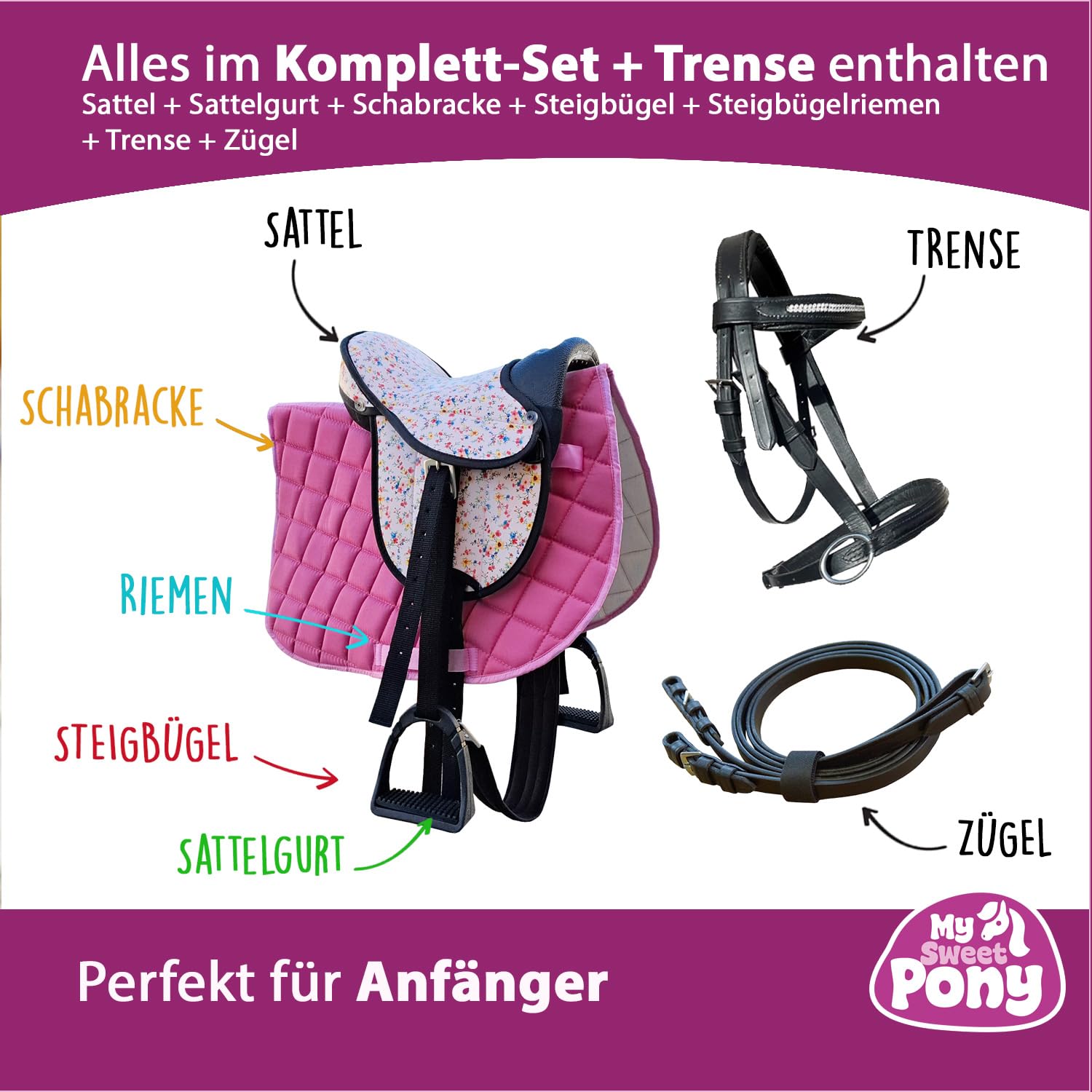 My Sweet Pony® Kinder Shettysattel-Set Pink Flower + Trense + Zügel | für Pony Shetty und Holzpferd | Alles enthalten | Komplett-Set | Ideal für erste Reitversuche