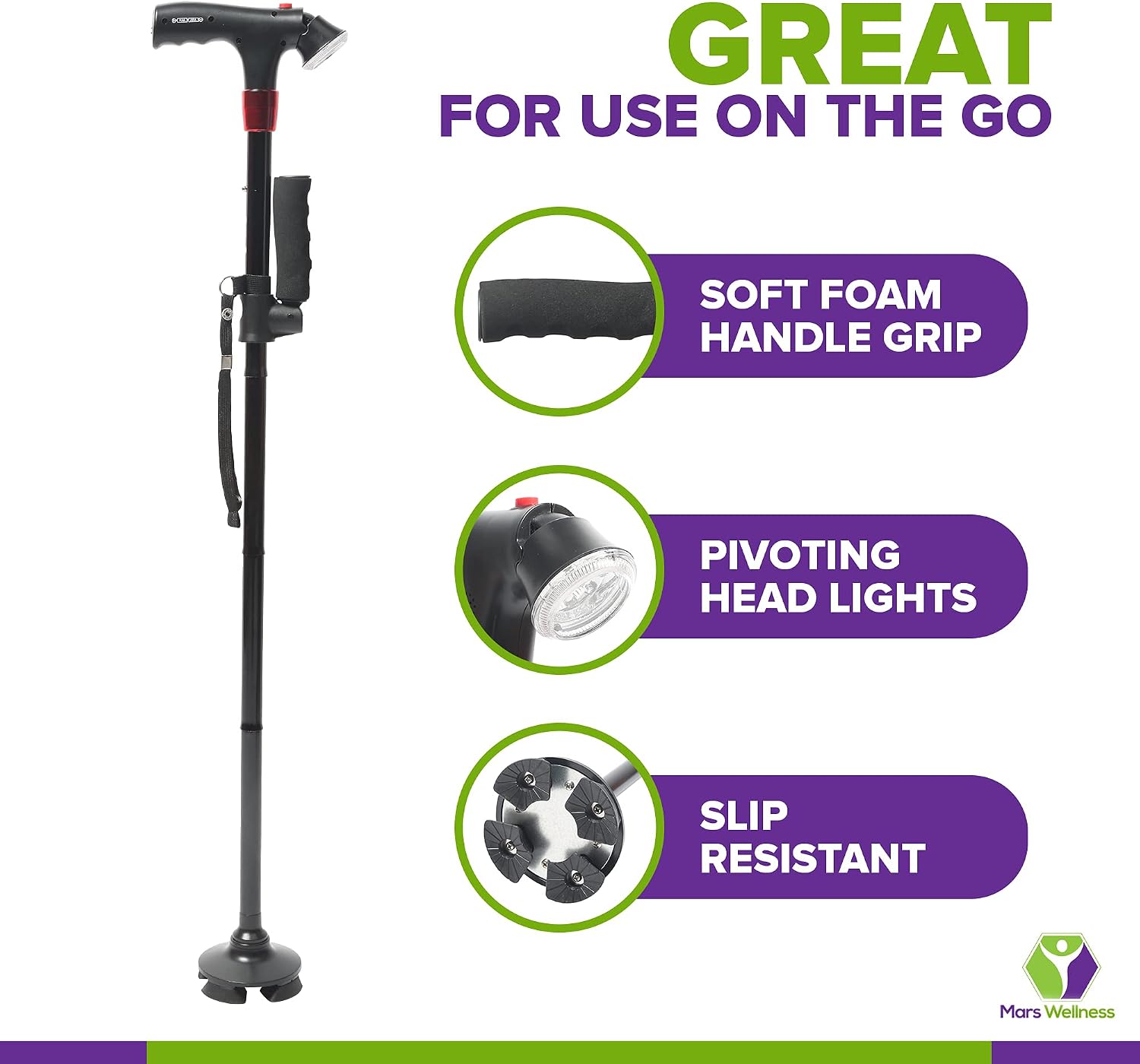 Premium Travel Lightweight Folding Walking Cane with LED Flashlight - SOS Alarm - W/Non Slip Flexible Cane Tip & Extra Handle