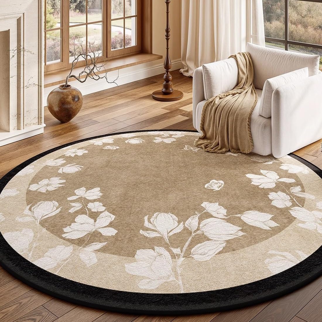 Tapis lavable pour la maison rond et floral contre les taches de cuisine