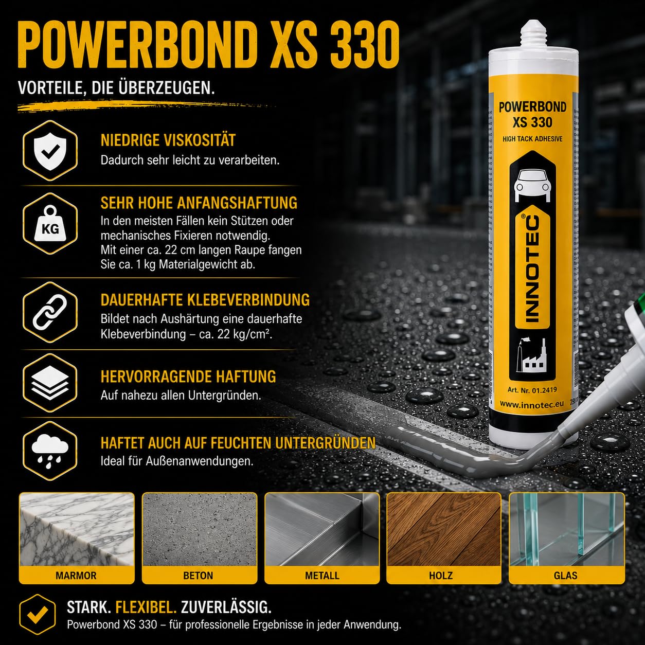 4 Stück Innotec Powerbond Schwarz - Premium Montagekleber - Kleben statt Bohren Wasserresistent - Kraftkleber für innen & außen - hohe Anfangshaftung universell einsetzbarer Baukleber - Kleber XS 330
