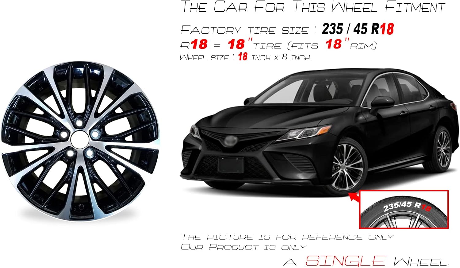 New Single 18" 18x8 Inch Alloy Wheel for 2018–2022 Toyota Camry | Machined Black Finish | OEM Design Replacement Rim | Direct Fit – OE Stock Specs | 75221 75221B