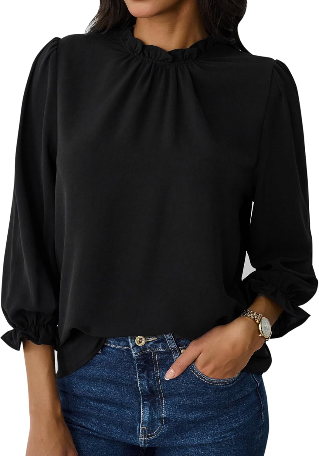 Avanova Women Polka Dot Long Sleeve Blouse Shirts Work Mock Neck Ruffle Top - Image 4