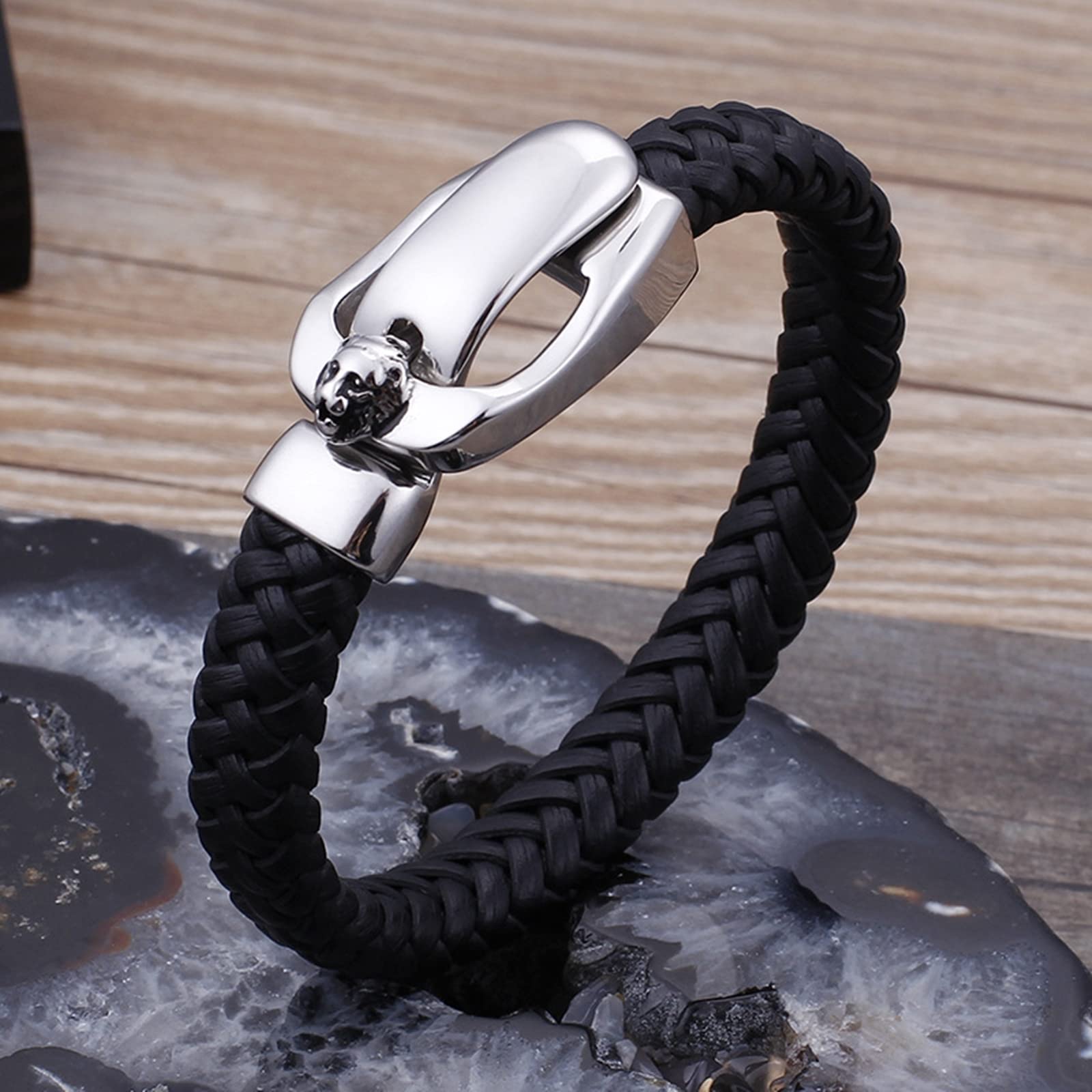 Gourmette Homme Metal, Bijoux Bracelet Acier Inoxydable Cuir Tressage de Panier Simplicité Rétro Relation Amicale Cadeau Bijoux Homme