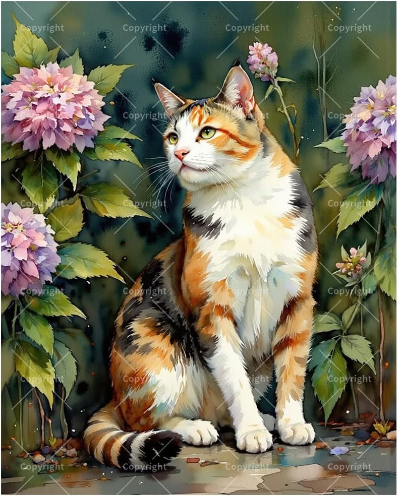 Animal Paint by Numbers Kit for Adults - DIY Calico Cat with Pink Flowers Painting on Canvas, Acrylic Paint Set, Suitable for Beginners, Art for Home Decoration or Gifts(8X12IN Framed)