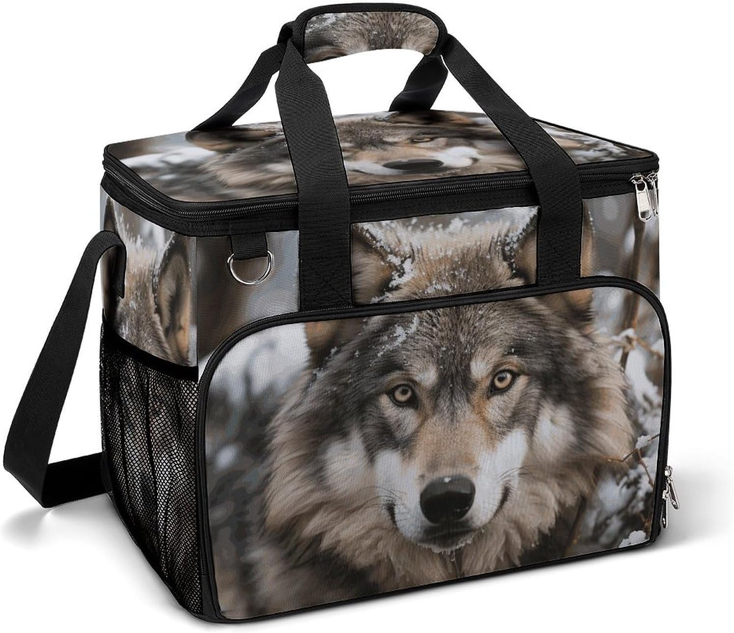 Insulated Picnic Backpack Tote Bag, Large Capacity 30L Lmage of Wolf in The Snow Cooler Bag Leakproof Beach Bags Portable Lunch Box Waterproof Picnic Basket for Beach Camping BBQ