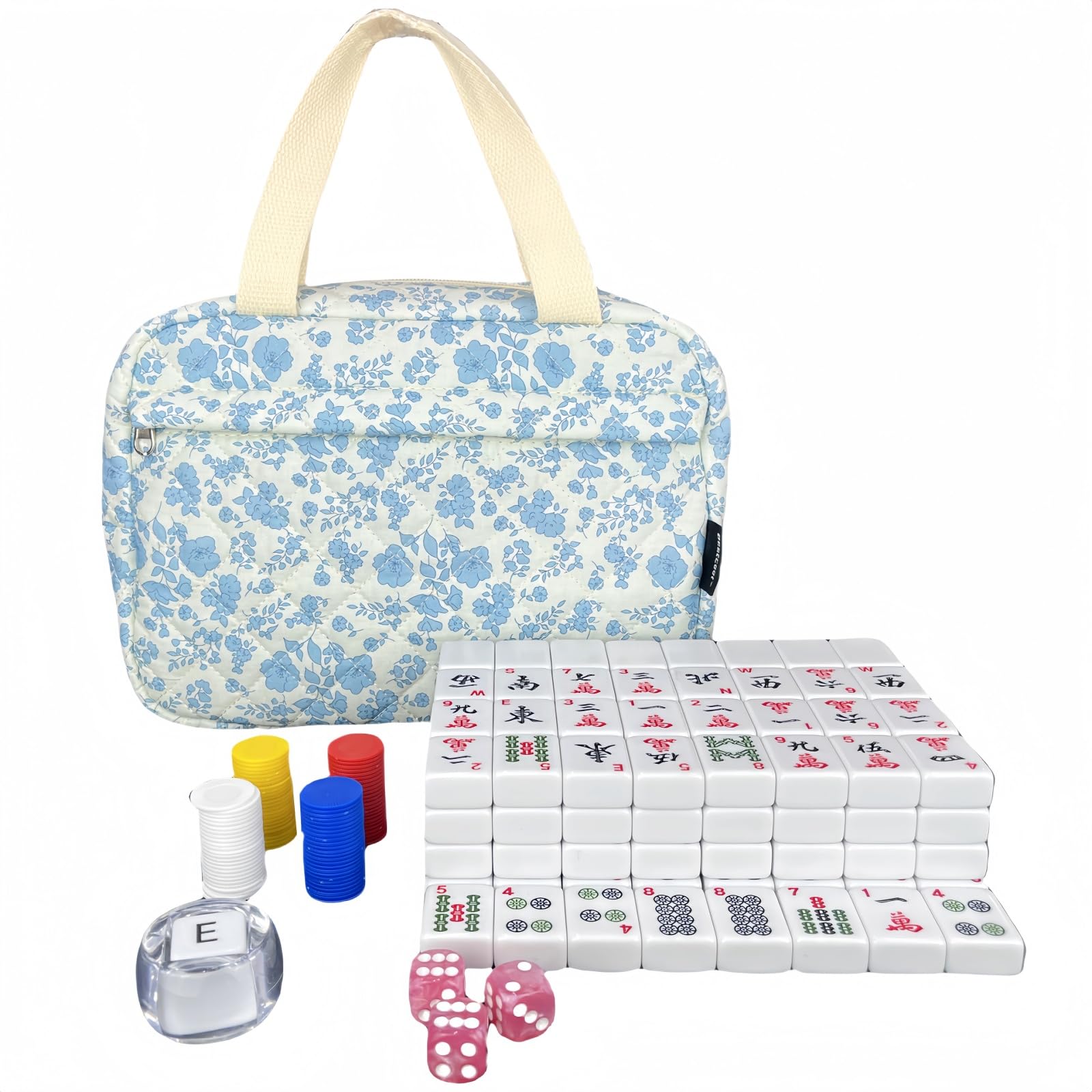 bestcool Mahjong Tile Set, American Mahjong Set with Floral Quilted Carrying Bag, 166 White Tiles, Includes Chips & Dice – Portable Travel Complete