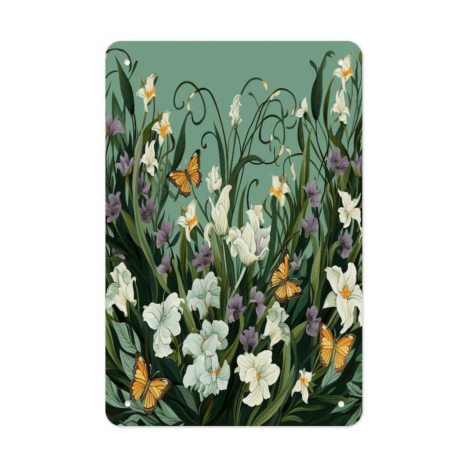 Flowers And Butterflies on Green Background Metal Tin Sign Wall Decor Funny Retro Sign Weatherproof Metal Wall Art for Indoor Or Outdoor Retro Tin Signs for Kitchen Office Home Bar Decor 11.8 X 7.9 In