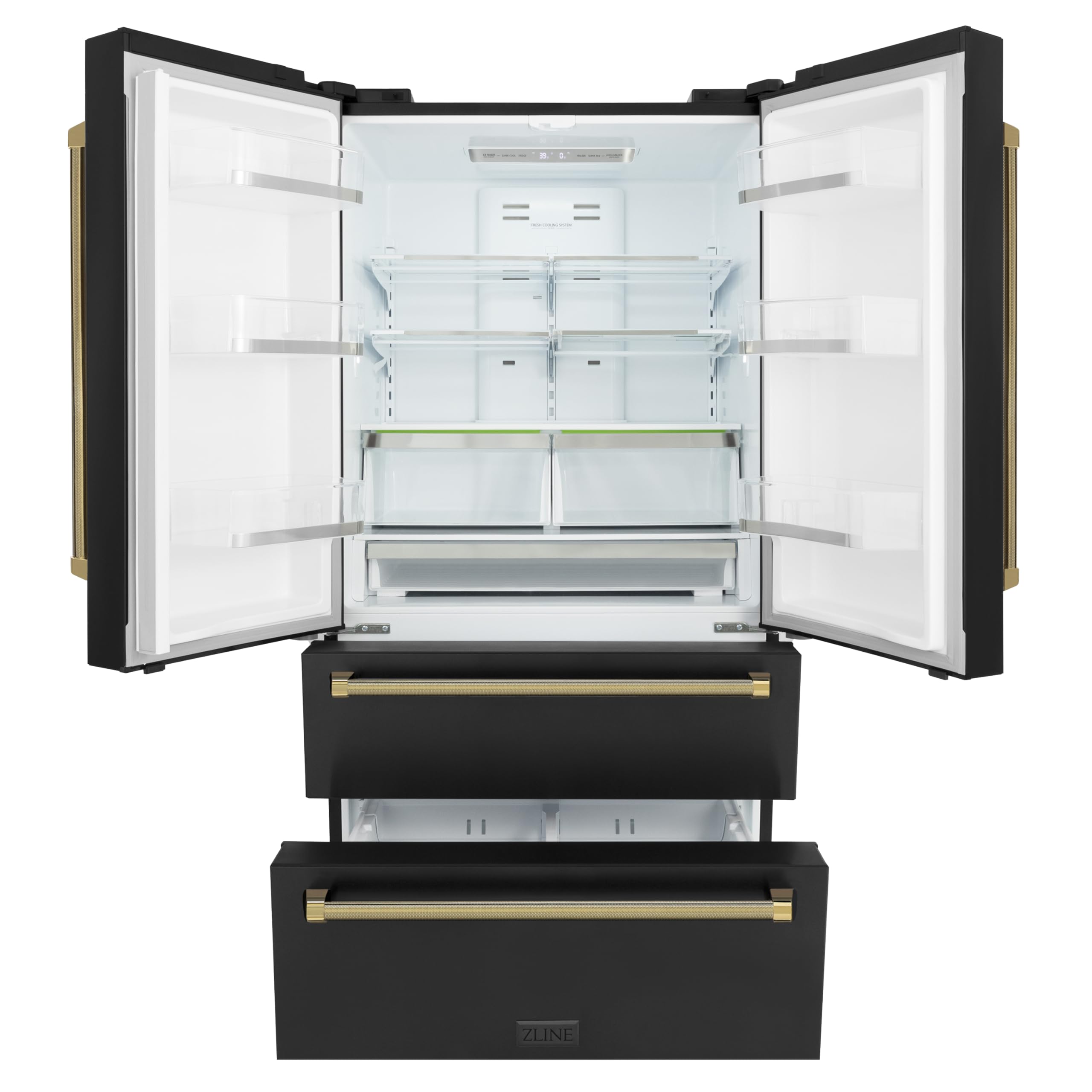 ZLINE Autograph Edition 36 in. 22.5 cu. ft. Counter-Depth French Door Refrigerator with Ice Maker in Fingerprint-Resistant Black Stainless Steel and Polished Gold Helix Handles (RFMZ-36-BS-KG) on Fridge.com