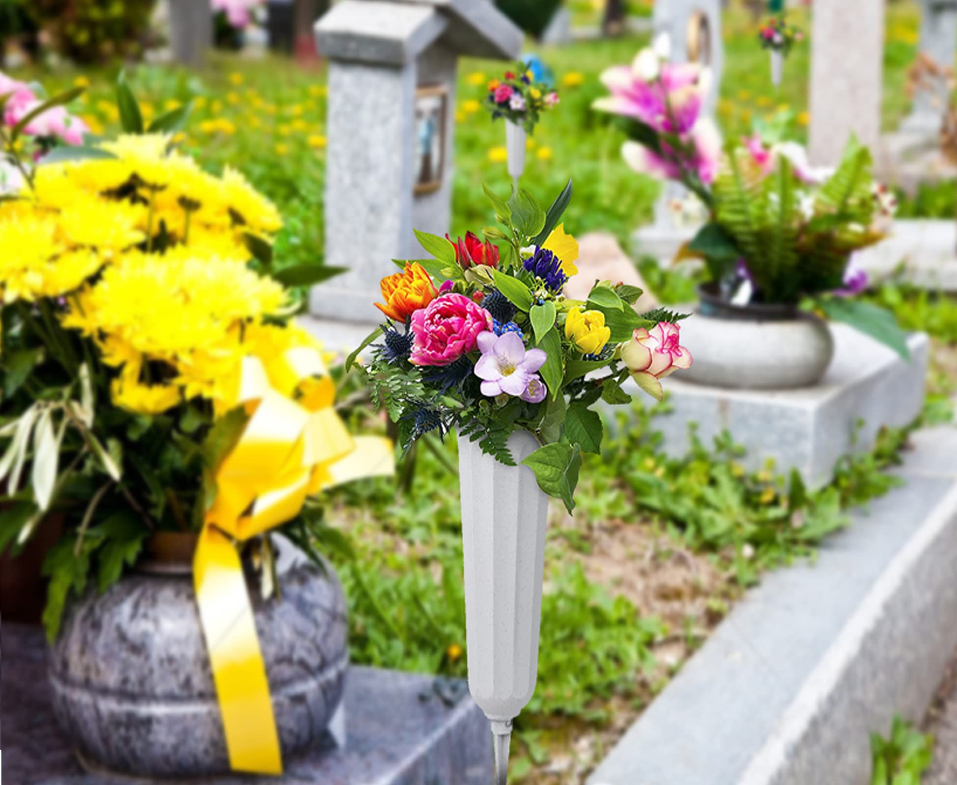 HAC24 Set Di 2 Vasi Funerari In Plastica Nera Con Picchetto – 23 Cm Per Cimitero